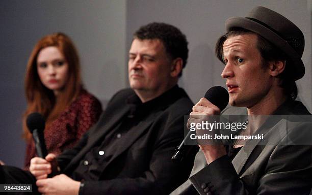Karen Gillan, Steven Moffat and Matt Smith visit the Apple Store Soho with the cast of "Doctor Who" on April 13, 2010 in New York City.