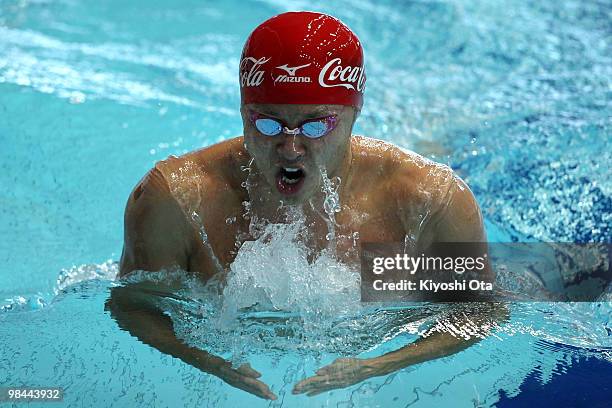 Kosuke Kitajima competes in the Men's 200m Breaststroke Heat during the day two of the Japan Swim 2010 at Tokyo Tatsumi International Swimming Pool...
