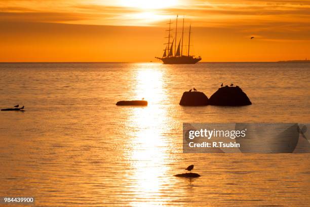 schooner silhouette at sunset in sea - old frigate 個照片及圖片檔