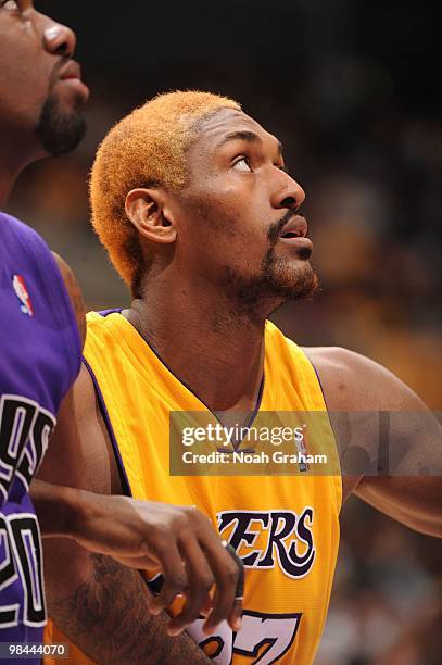 Ron Artest of the Los Angeles Lakers boxes out against Donte Greene of the Sacramento Kings at Staples Center on April 13, 2010 in Los Angeles,...