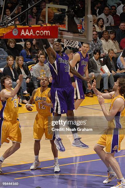 Donte Greene of the Sacramento Kings goes up for a shot against the Los Angeles Lakers at Staples Center on April 13, 2010 in Los Angeles,...