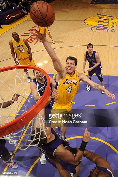Luke Walton of the Los Angeles Lakers goes up for a shot against the Sacramento Kings at Staples Center on April 13, 2010 in Los Angeles, California....