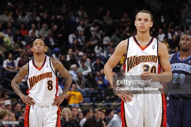 Monta Ellis and Stephen Curry of the Golden State Warriors stand side by side in their final home game against the Utah Jazz on April 13, 2010 at...