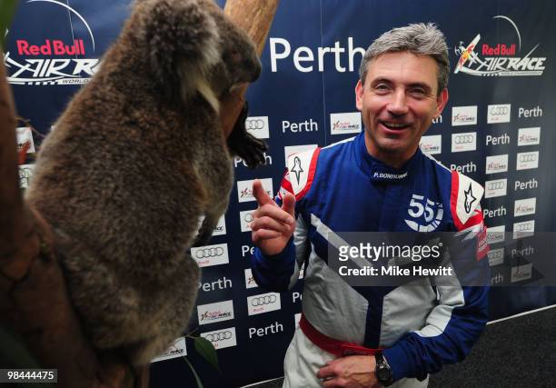 Paul Bonhomme of Great Britain poses with a koala after the offical opening of the Race Airport during the Red Bull Air Race Preview day on April 14,...