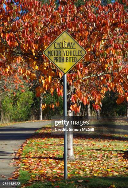 'cycleway: motor vehicles prohibited' sign on a bike path - bowral stock pictures, royalty-free photos & images