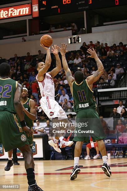 Will Conroy of the Rio Grande Valley Vipers shoots over Will Blalock the Reno Bighorns on April 13, 2010 at the State Farm Arena in Hidalgo, Texas....