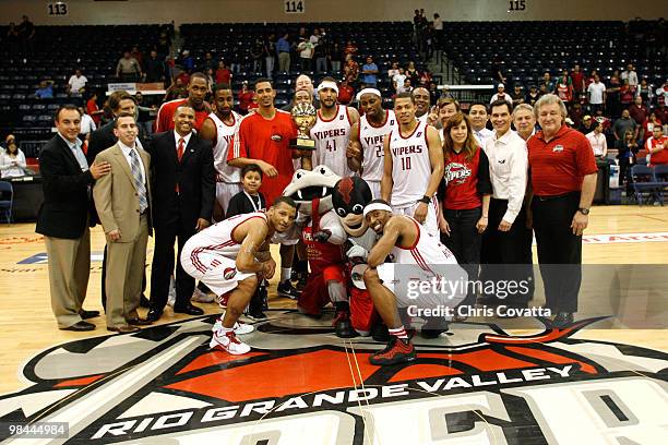 Members of the Rio Grande Valley Vipers poses with the Western Conference Championship trophy after their game against the Reno Bighorns on April 13,...