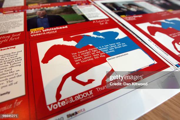 Finished printed sheets of the Labour Party election material wait to be cut at Anton Group Printers on April 13, 2010 in London, United Kingdom....