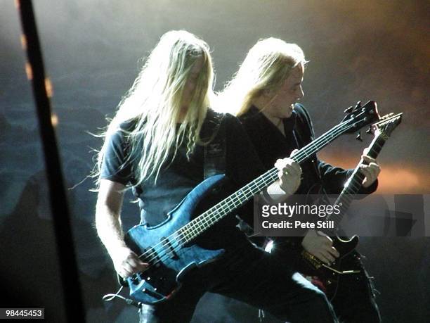 Marco Tapani Hietala and Emppu Vuorinen of Nightwish perform on stage at Bloodstock Open Air on August 17th, 2008 in Walton-on-Trent, Derbyshire,...