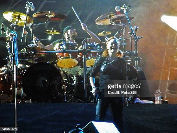 Drummer Jukka Nevalainen and vocalist Anette Olzon of Nightwish perform on stage at Bloodstock Open Air on August 17th, 2008 in Walton-on-Trent,...