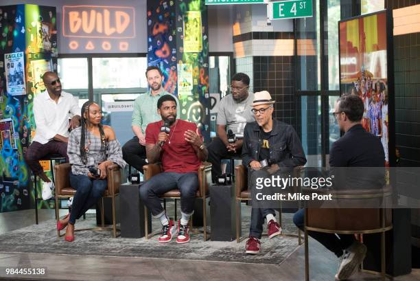 Smoove, Erica Ash, Nick Kroll, Kyrie Irving, Lil Rel Howery, and Charles Stone III attend Build Series to discuss "Uncle Drew" at Build Studio on...