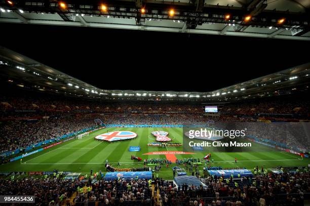 General view inside the stadium as the Iceland and Croatia teams line up prior to the 2018 FIFA World Cup Russia group D match between Iceland and...