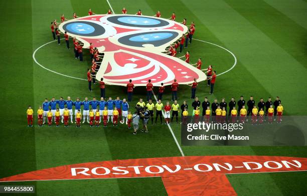 General view inside the stadium as the Iceland and Croatia teams line up prior to the 2018 FIFA World Cup Russia group D match between Iceland and...