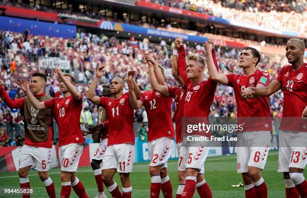 Denmark players acknowledge the fans following the 2018 FIFA World Cup Russia group C match between Denmark and France at Luzhniki Stadium on June...