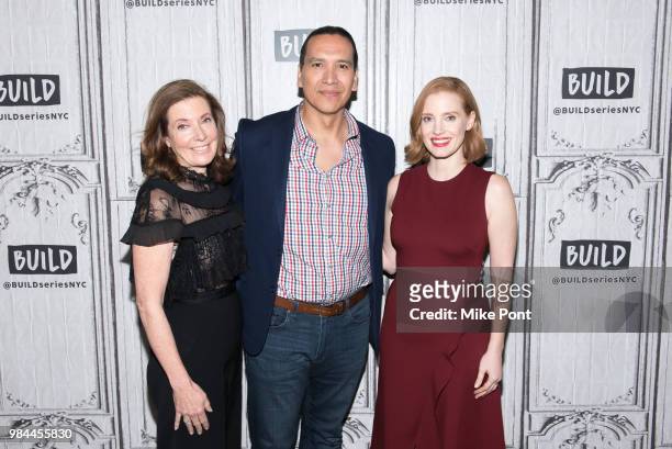 Susanna White, Michael Greyeyes, and Jessica Chastain visit Build Studio to discuss, "Woman Walks Ahead" at Build Studio on June 26, 2018 in New York...