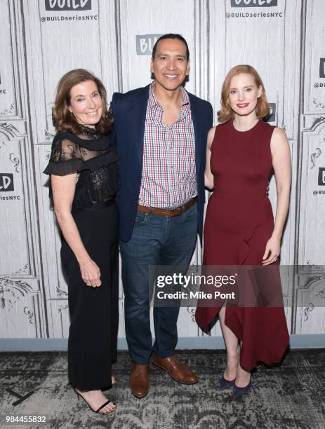 Susanna White, Michael Greyeyes, and Jessica Chastain visit Build Studio to discuss, "Woman Walks Ahead" at Build Studio on June 26, 2018 in New York...