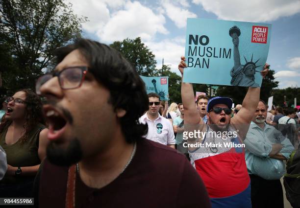People demonstrate against U.S. President Trump's travel ban as protesters gather outside the U.S. Supreme Court following a court issued immigration...