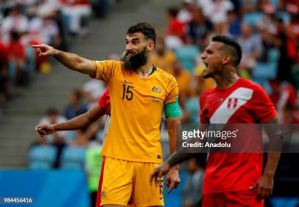 Mile Jedinak of Australia reacts during the 2018 FIFA World Cup Russia Group C match between Australia and Peru at the Fisht Stadium in Sochi, Russia...