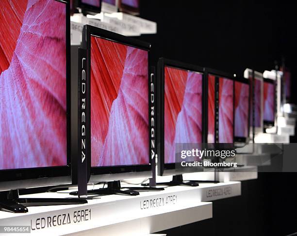 Toshiba Corp.'s "LED Regza" liquid crystal display televisions are displayed at an unveiling in Tokyo, Japan, on Wednesday, April 14, 2010. Toshiba...