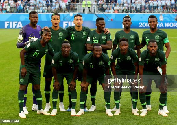 Nigeria pose prior to the 2018 FIFA World Cup Russia group D match between Nigeria and Argentina at Saint Petersburg Stadium on June 26, 2018 in...