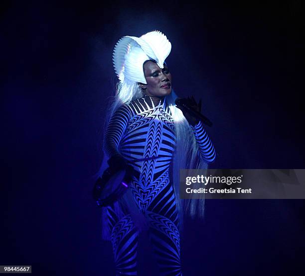 Grace Jones performs live at Vredenburg on April 13, 2010 in Utrecht, Netherlands.