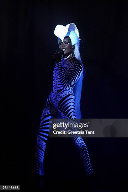 Grace Jones performs live at Vredenburg on April 13, 2010 in Utrecht, Netherlands.