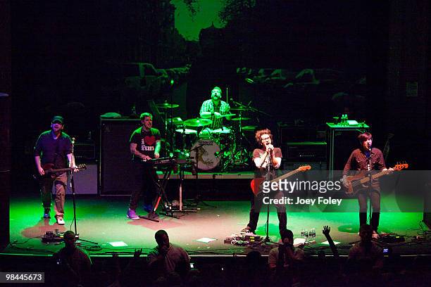 Joshua Cain,Jesse Johnson,Tony Thaxton,Justin Pierre, and Matthew Taylor of Motion City Soundtrack perform at Newport Music Hall on April 13, 2010 in...