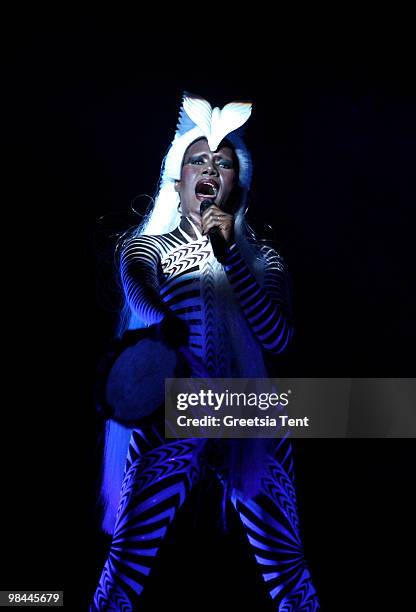 Grace Jones performs live at Vredenburg on April 13, 2010 in Utrecht, Netherlands.