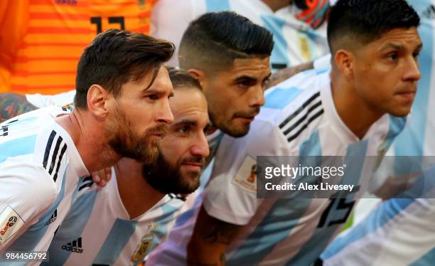 Lionel Messi, Gonzalo Higuain, Ever Banega and Enzo Perez of Argentina pose prior to the 2018 FIFA World Cup Russia group D match between Nigeria and...