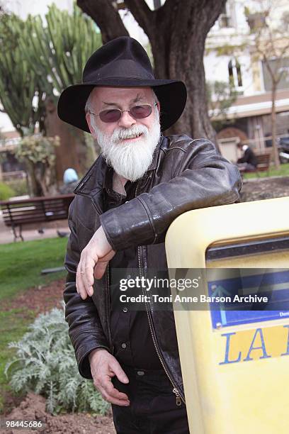 Terry Pratchett attends a photocall during MIPTV at Palais des festivals on April 13, 2010 in Cannes, France.