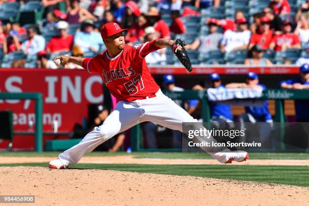 Los Angeles Angels pitcher Hansel Robles throws a pitch during a MLB game between the Toronto Blue Jays and the Los Angeles Angels of Anaheim on June...