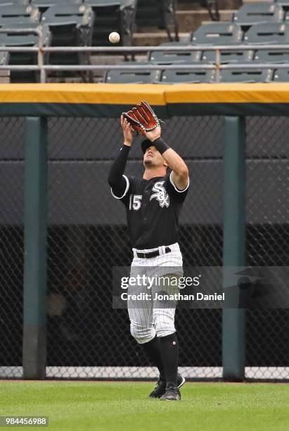 Adam Engel of the Chicago White Sox makes a catch against the Oakland Athletics at Guaranteed Rate Field on June 22, 2018 in Chicago, Illinois. The...