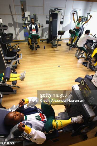 Player of the South African national football team train during a training session of the South African national football team on April 14, 2010 in...