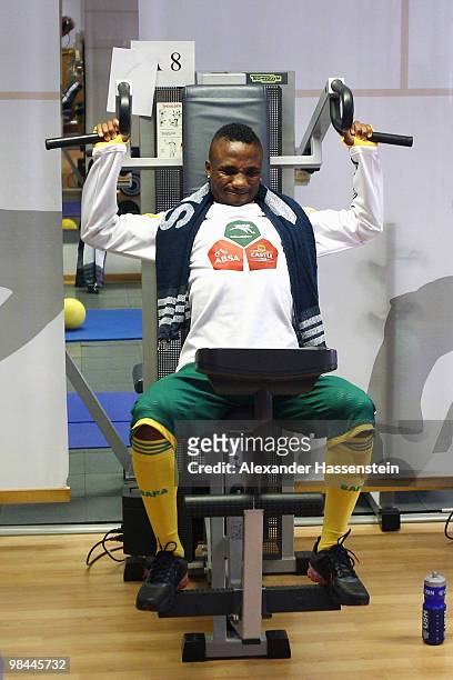 Teko Modise attends a training session of the South African national football team on April 14, 2010 in Herzogenaurach, Germany.