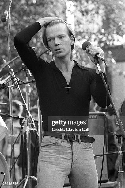 Jim Carroll performing with his band at Sproul Plaza in Berkeley, California on October 25, 1980.