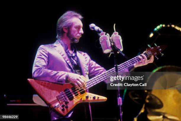 John Entwistle performing with The Who at the Oakland Coliseum on October 25, 1982. He plays an Alembic Explorer bass guitar.