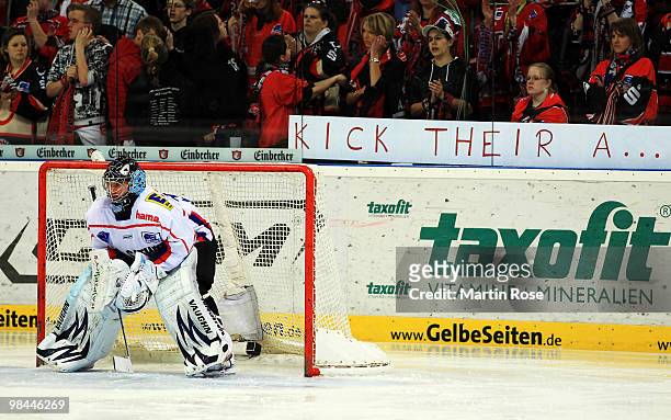 Dimitri Paetzold, goalkeeper of Ingolstadt awaits the puck during the third DEL play off semi final match between Hannover Scorpions and ERC...
