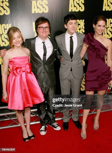 Actors Chloe Moretz, Clark Duke, Christopher Mintz-Plasse and Lyndsy Fonseca arrive to the Los Angeles premiere of 'KICK-ASS' at the Cinerama Dome on...