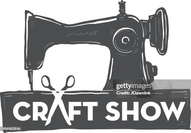 craft show handmade label design with antique sewing machine and text on burlap - craft show stock illustrations