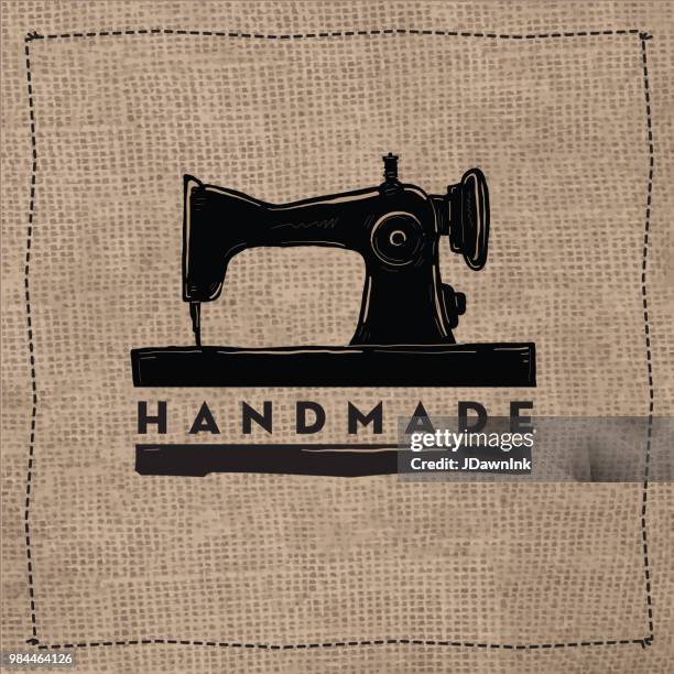 handmade label design with antique sewing machine and text on burlap - hessian stock illustrations