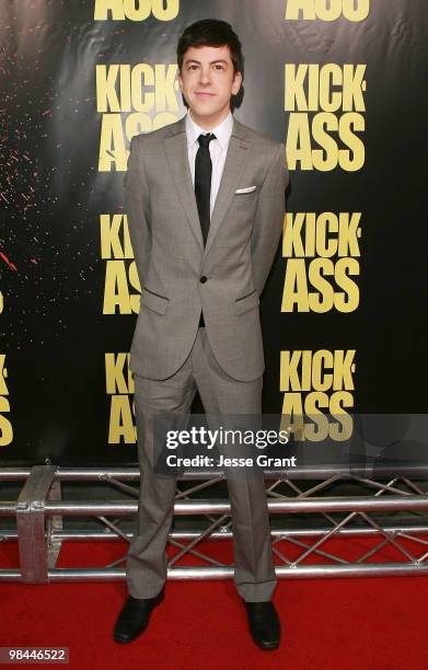 Actor Christopher Mintz-Plasse arrives to the Los Angeles premiere of 'KICK-ASS' at the Cinerama Dome on April 13, 2010 in Hollywood, California.