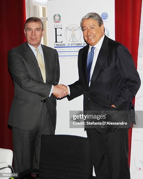 Prince Andrew Duke of York and General Manager of Expo 2015 Lucio Stanca attend a press conference held at Palazzo Reale on April 14, 2010 in Milan,...