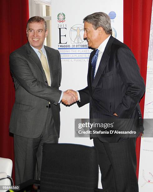 Prince Andrew Duke of York and General Manager of Expo 2015 Lucio Stanca attend a press conference held at Palazzo Reale on April 14, 2010 in Milan,...