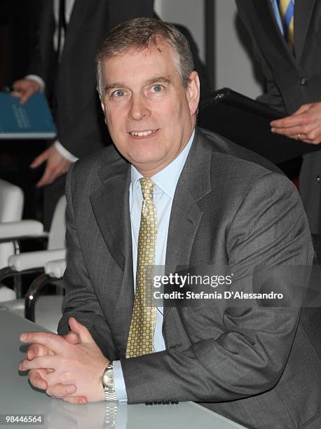 Prince Andrew Duke of York attends a press conference with the General Manager of Expo 2015 Lucio Stanca held at Palazzo Reale on April 14, 2010 in...