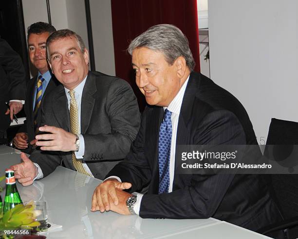 Prince Andrew Duke of York and General Manager of Expo 2015 Lucio Stanca attend a press conference held at Palazzo Reale on April 14, 2010 in Milan,...