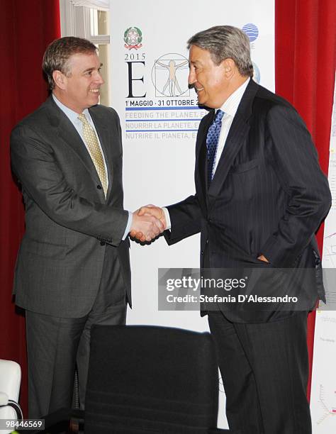 Prince Andrew Duke of York and General Manager of Expo 2015 Lucio Stanca attend a press conference held at Palazzo Reale on April 14, 2010 in Milan,...