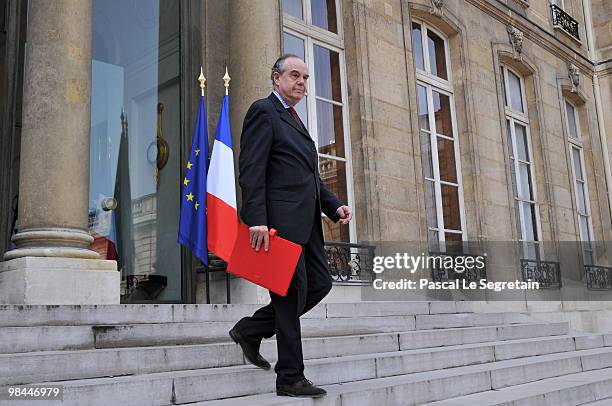 France's Culture Minister Frederic Mitterrand leaves the Elysee Palace after weekly cabinet meeting on April 14, 2010 in Paris, France.