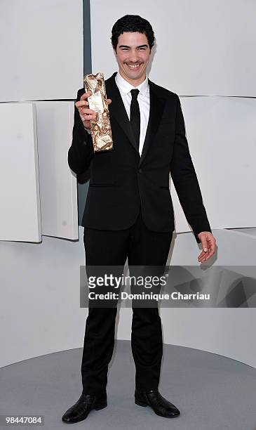 Actor Tahar Rahim poses in Awards Room after he received Best Actor Cesar Award during 35th Cesar Film Awards at Theatre du Chatelet on February 27,...