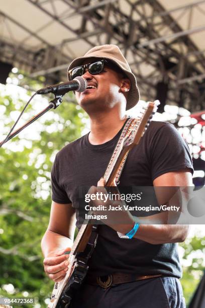 American blues and rhythm & blues singer-songwriter Son Little performs with his band at Central Park SummerStage, New York, New York, June 16, 2018.