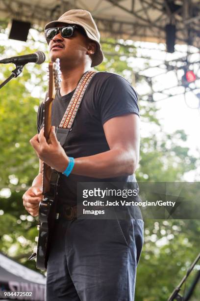 American blues and rhythm & blues singer-songwriter Son Little performs with his band at Central Park SummerStage, New York, New York, June 16, 2018.